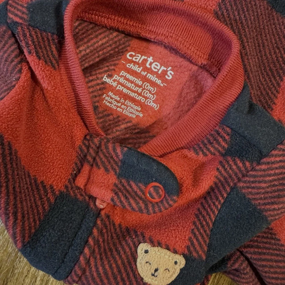 Carters Preemie Baby Boy Sleeper Red Black Plaid Fleece Outfit Bear Zipper